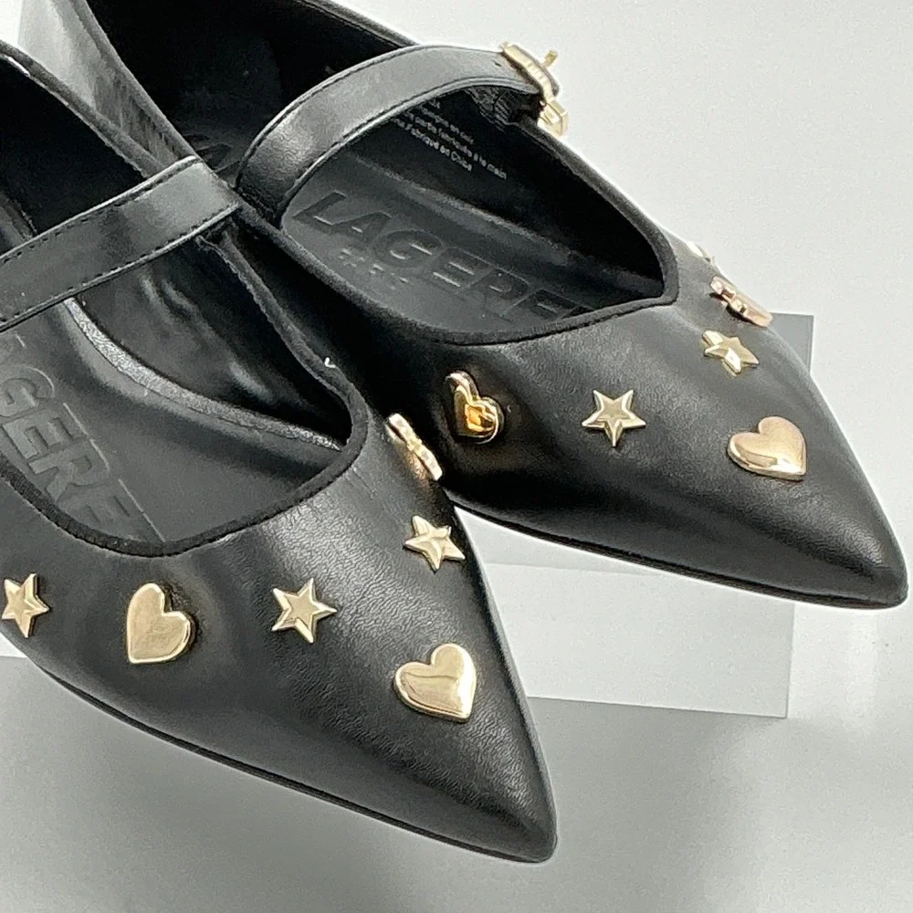 Karl Lagerfeld Paris Size 7 Black Leather Mary Jane Flats Gold Studs Veyda